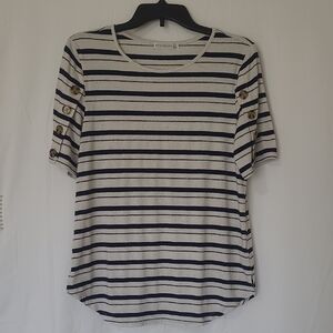 Striped Short Sleeve Tee with Button Accents